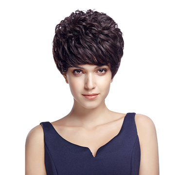 Human Hair Short Neat Bang Curly Hair Wig For women RC0508