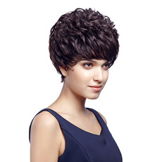 Human Hair Short Neat Bang Curly Hair Wig For women RC0508
